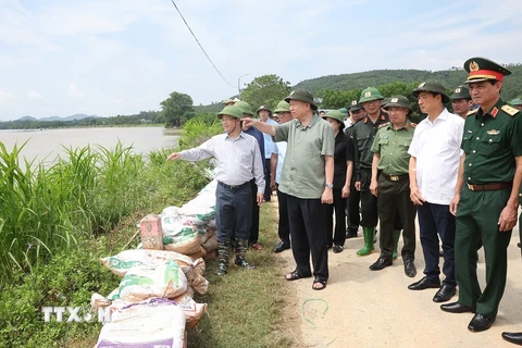 Tổng Bí thư, Chủ tịch nước Tô Lâm kiểm tra công tác củng cố, khắc phục một số điểm xung yếu ở đê sông Lô, xã Trường Sinh, huyện Sơn Dương, tỉnh Tuyên Quang. (Ảnh: Trí Dũng/TTXVN)