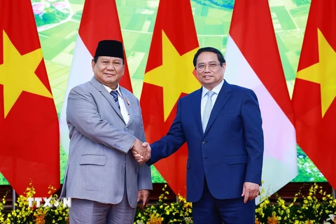 Thủ tướng Phạm Minh Chính hội kiến Tổng thống đắc cử Cộng hoà Indonesia Prabowo Subianto. (Ảnh: Dương Giang /TTXVN)