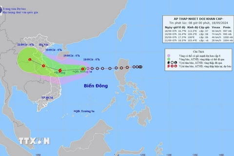 Đường đi của vùng áp thấp lúc 7h sáng 18/9/2024. (Ảnh: TTXVN phát)