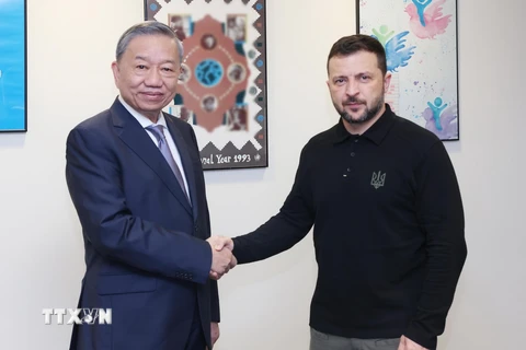 Tổng Bí thư, Chủ tịch nước Tô Lâm gặp Tổng thống Ukraine Volodymyr Zelensky. (Ảnh: Lâm Khánh/TTXVN)