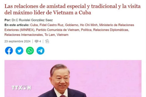 Bài viết về quan hệ Việt Nam-Cuba đăng tải mới đây trên báo điện tử CubaDebate. (Ảnh: Mai Phương/TTXVN)