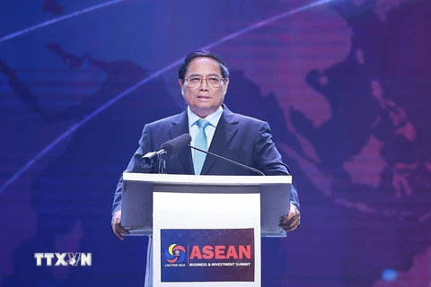 Thủ tướng Phạm Minh Chính phát biểu tại Hội nghị thượng đỉnh Kinh doanh và Đầu tư ASEAN 2024. (Ảnh: Dương Giang/TTXVN)