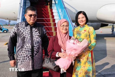 Lễ đón Chủ tịch Hạ viện Malaysia Tan Sri Dato’ Johari Bin Abdul và Phu nhân tại Sân bay quốc tế Nội Bài. (Ảnh: Minh Đức/TTXVN)