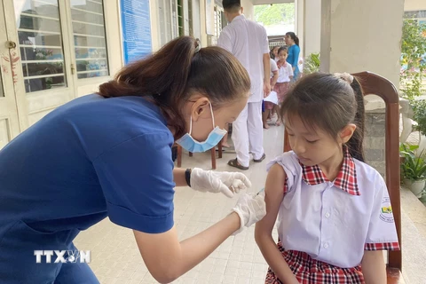 Học sinh Trường tiểu học Tam Hòa (thành phố Biên Hòa, Đồng Nai) được nhân viên y tế tới tận trường học tiêm vaccine sởi. (Ảnh: Lê Xuân/TTXVN)