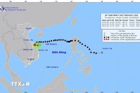 Hướng di chuyển của áp thấp nhiệt đới, cập nhật lúc 16 giờ, ngày 27/10. (Ảnh: TTXVN phát)