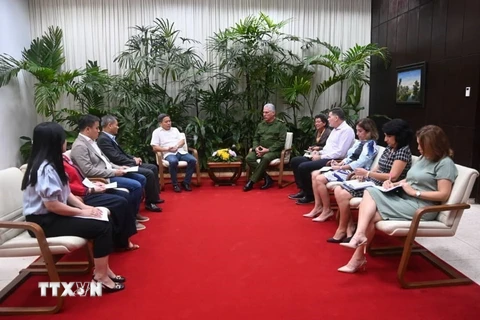 Chủ tịch Cuba Miguel Díaz-Canel tiếp ông Trần Thanh Tú, Chủ tịch sáng lập Công ty cổ phần đầu tư và thương mại Thái Bình tại La Habana. (Ảnh: Mai Phương/TTXVN)