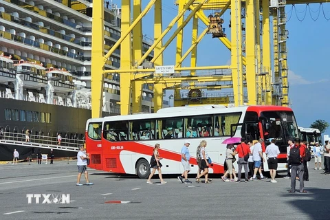 Du khách tàu biển Noordam lên xe ôtô đi tham quan thành phố Đà Nẵng. (Ảnh: TTXVN phát)