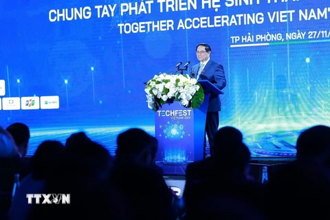 Thủ tướng Phạm Minh Chính phát biểu tại Ngày hội Khởi nghiệp đổi mới sáng tạo Quốc gia 2024. (Ảnh: Dương Giang/TTXVN)