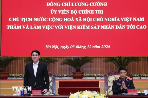 Chủ tịch nước Lương Cường làm việc với Viện Kiểm sát Nhân dân tối cao. (Ảnh: Lâm Khánh/TTXVN)