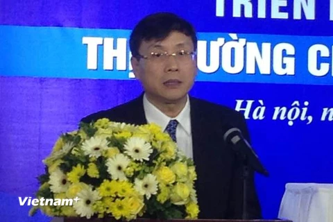 Chủ tịch Ủy ban Chứng khoán Nhà nước Vũ Bằng phát biểu tại Hội nghị, ngày 22/1. (Ảnh: PV/Vietnam+)