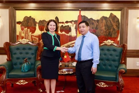 Đại sứ Australia tại Việt Nam Robyn Mudie và Bộ trưởng Bộ Kế hoạch và Đầu tư Nguyễn Chí Dũng tại buổi làm việc ngày 5/6. (Ảnh: CTV/Vietnam+)