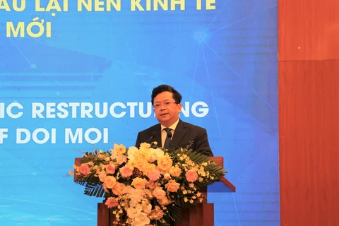 Phó Trưởng Ban Kinh tế Trung ương, Nguyễn Đức Hiển phát biểu tại hội thảo.” (Ảnh: Vietnam+)