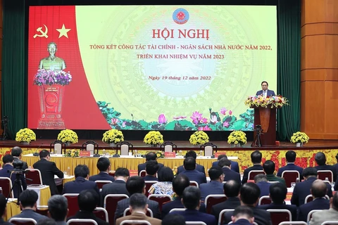 Thủ tướng Phạm Minh Chính đến dự Hội nghị tổng kết công tác tài chính-ngân sách Nhà nước năm 2022, do Bộ Tài chính tổ chức, ngày 19/12. (Ảnh: Phạm Hậu/TTXVN) 