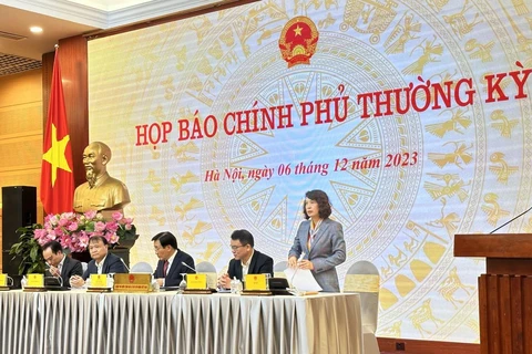 Thứ trưởng Bộ Y tế Nguyễn Thị Liên Hương trao đổi tại tại buổi họp báo Chính phủ thường kỳ tháng 11/2023. (Ảnh: Vietnam+)