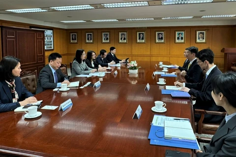 Chủ tịch Ủy ban Chứng khoán Nhà nước Vũ Thị Chân Phương đã có buổi làm việc với ông Lee Bok-hyun, Thống đốc Cơ quan giám sát tài chính Hàn Quốc. (Ảnh: CTV/Vietnam+)