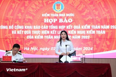 Họp báo công bố công khai Báo cáo tổng hợp kết quả kiểm toán năm 2023 và kết quả thực hiện kết luận, kiến nghị kiểm toán của KTNN năm 2022, ngày 2/7. (Ảnh: KTNN/Vietnam+)