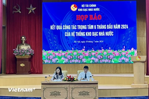 Họp báo công bố Kết quả Kết quả Thực hiện nhiệm vụ trọng tâm của Hệ thống Kho bạc Nhà nước trong 6 tháng đầu năm 2024, ngày 18/7. (Ảnh: Vietnam+)