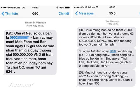 Nội dung tin nhắn mời gọi và tin nhắn trả lại của MobiFone. (Nguồn: Vietnam+)