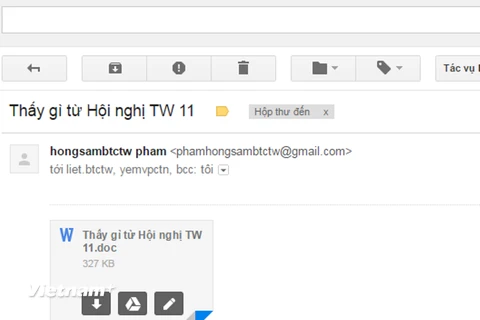 Ảnh chụp màn hình 1 trong 2 email có chứa mã độc. (Nguồn: Vietnam+)