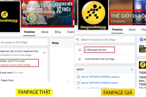 Fanfage thật và một trang Facebook giả danh Thế Giới Di Động bán iPhone 5/5S với giá 100.000 đồng. (Nguồn: Thegioididong)