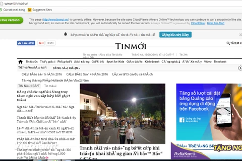 Giao diện tinmoi.vn tới 8 giờ sáng ngày 20/9, khi truy cập bằng trình duyệt Coccoc. (Ảnh: Vietnam+)