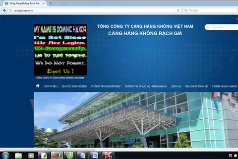 Giao diện của website cảng hàng không Rạch Giá tại thời điểm bị tấn công. (Nguồn: Vietnam+)