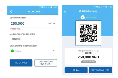 Du khách Trung Quốc thanh toán khi du lịch tại Việt Nam bằng cách dùng ứng dụng WeChat Pay trên điện thoại cá nhân quét mã QR của cửa hàng tạo bởi ứng dụng VIMO Merchant. (Nguồn: Vimo)