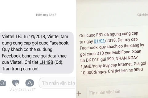 Tin nhắn trả về của nhà mạng khi khách hàng đăng ký gói cước Facebook vào ngày 4/1. (Ảnh: Vietnam+)