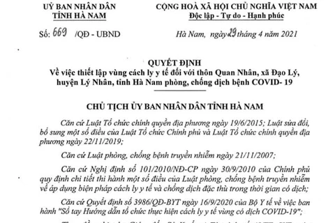 UBND tỉnh Hà Nam nhanh chóng ra quyết định cách ly y tế đối với địa bàn xuất hiện chùm ca COVID-19. (Ảnh: Vietnam+)