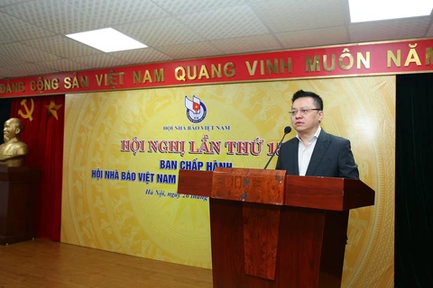 Tân Chủ tịch Hội Nhà báo Việt Nam Lê Quốc Minh phát biểu tại hội nghị. (Ảnh: Vietnam+)