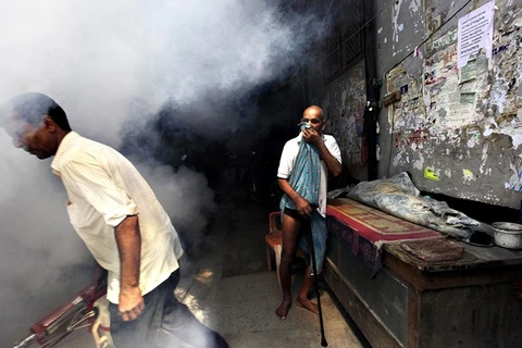 Nhân viên y tế Ấn Độ phun thuốc diệt muỗi để ngăn bùng phát dịch sốt xuất huyết. (Ảnh: AFP)