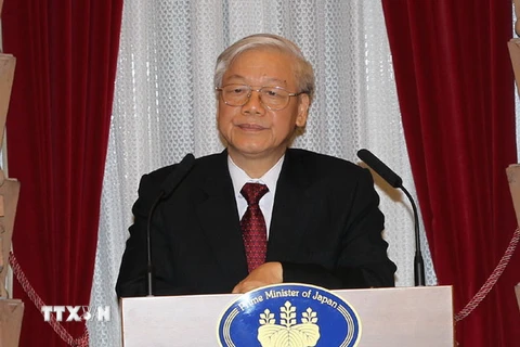 Tổng Bí thư Nguyễn Phú Trọng tại Dinh thự Thủ tướng ở Thủ đô Tokyo. (Ảnh: Trí Dũng/TTXVN)