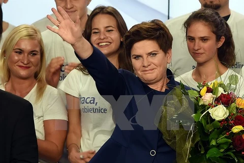 Thủ lĩnh đảng PiS Beata Szydlo (phải, hàng trên) mừng chiến thắng tại Warsaw ngày 25/10, sau khi kết quả bầu cử sơ bộ được công bố. (Nguồn: AFP/TTXVN)