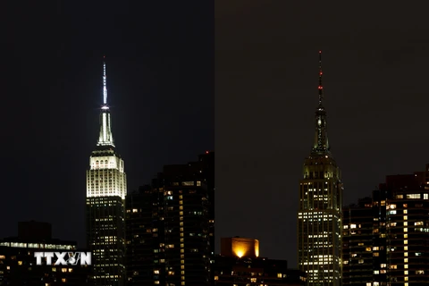 Tòa nhà Empire State ở thành phố New York, Mỹ (trái) trước và sau khi tắt điện hưởng ứng sự kiện "Giờ Trái đất". (Nguồn: THX/TTXVN)