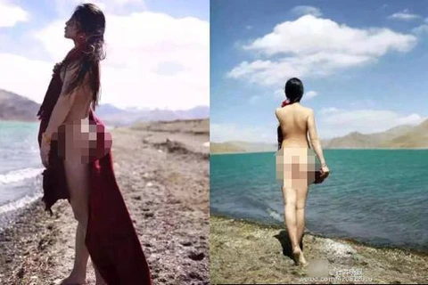 Bức ảnh chụp cô gái khỏa thân bên bờ hồ Yamdrok khiến cư dân mạng phẫn nộ. (Nguồn: shanghaiist.com)