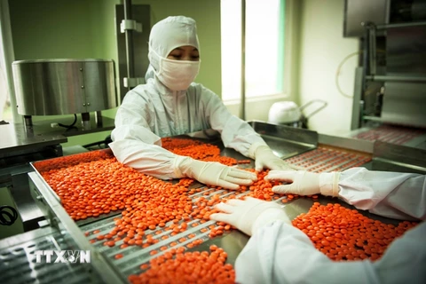 Sản xuất thuốc tại một nhà máy sản xuất trong nước theo tiêu chuẩn quốc tế. (Ảnh: TTXVN/Vietnam+)