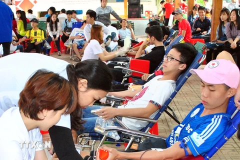 Các bạn trẻ tham gia hiến máu tình nguyện. (Ảnh: TTXVN/Vietnam+)