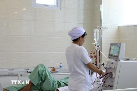 Nhân viên y tế theo dõi sức khỏe cho một bệnh nhân chạy thận. (Ảnh: TTXVN/Vietnam+)