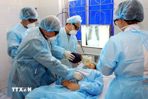 Cán bộ Y tế tổ chức cấp cứu và điều trị cho bệnh nhân nghi mắc cúm A (H7N9) tại buổi diễn tập. (Ảnh: Thái Thuần/TTXVN)