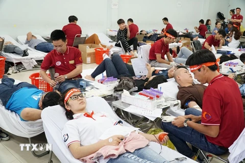 Các bạn trẻ tham gia hiến máu tại ngày Chủ nhật đỏ. (Ảnh: Phương Vy/TTXVN)