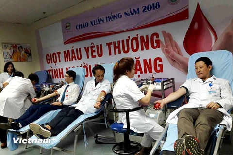 Các y bác sỹ của Viện Huyết học-Truyền máu Trung ương tham gia hiến máu nhân đạo. (Ảnh: T.G/Vietnam+)