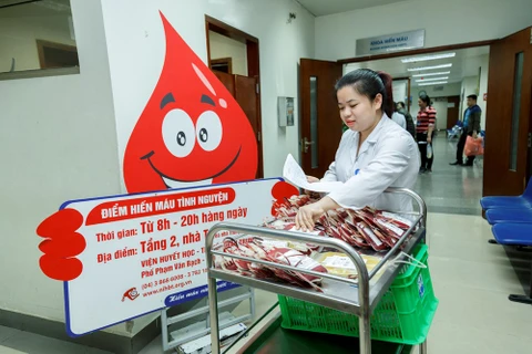 Nhân viên y tế vận chuyển máu về kho lưu trữ. (Ảnh: PV/Vietnam+)