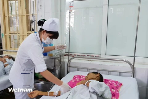 Nhân viên y tế tại Bệnh viện Bạch Mai chăm sóc cho bệnh nhân mắc bệnh truyền nhiễm. (Ảnh: T.G/Vietnam+)