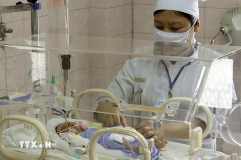 Nhân viên y tế thực hiện đề án về sàng lọc sơ sinh tại một bệnh viện ở tỉnh Thanh Hóa. (Ảnh: TTXVN) 