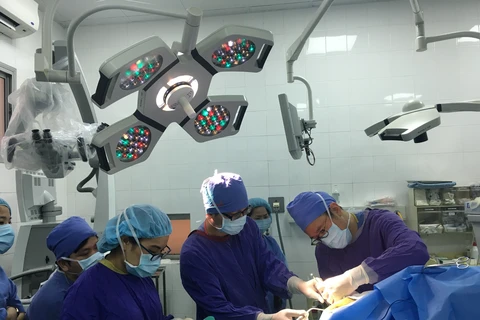 Các bác sỹ thực hiện ca phẫu thuật cho bệnh nhân tại Bệnh viện Hữu nghị Việt Đức. (Ảnh: PV/Vietnam+)