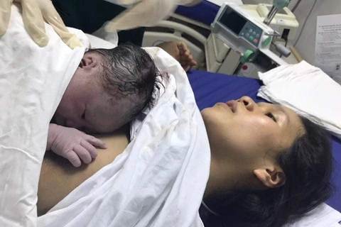 Em bé tuổi "heo vàng" chào đời đầu tiên vào Mùng 1 Tết Kỷ Hợi tại Bệnh viện Phụ sản Trung ương. (Ảnh: PV/Vietnam+)