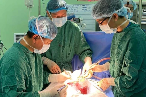 Các bác sỹ thực hiện ca phẫu thuật cho bệnh nhi. (Ảnh: PV/Vietnam+)