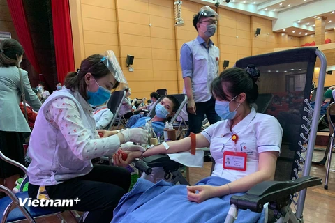 Nhân viên y tế tham gia hiến máu nhân đạo. (Ảnh: PV/Vietnam+)