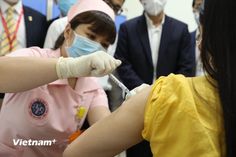 Tiêm vaccine cho người tình nguyện tham gia trong sáng 15/3. (Ảnh: Minh Quyết/Vietnam+)