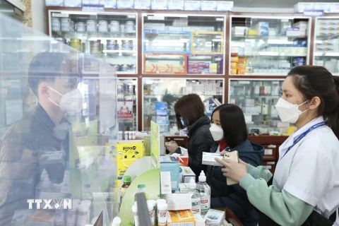 Người dân tới mua thuốc tại một cửa hàng thuốc ở Hà Nội. (Ảnh: TTXVN/Vietnam+)